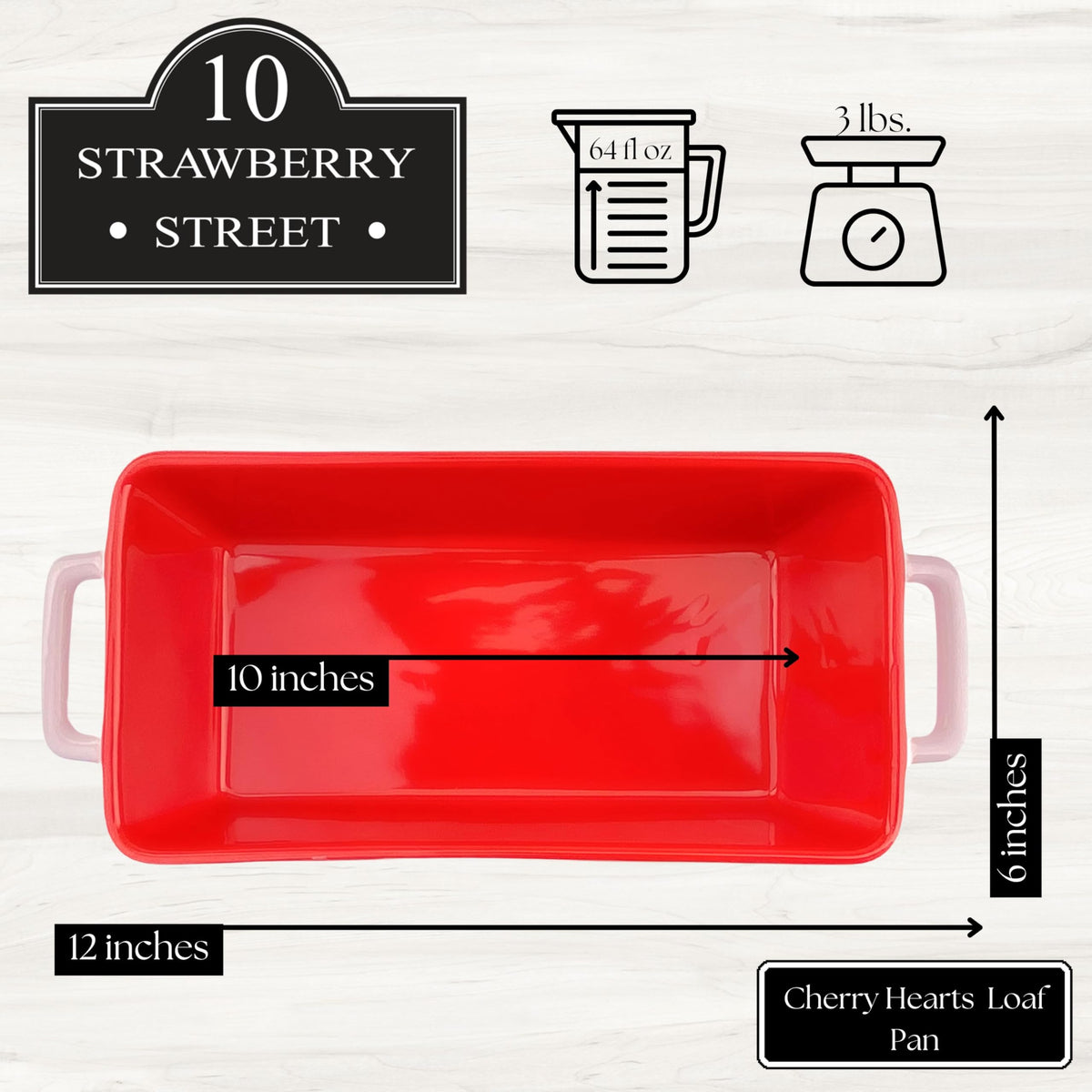 Cherry Hearts Loaf Pan by 10 Strawberry Street – 64, 64.0 fluid_ounces, Stoneware, White, Model CLF-40-50-004