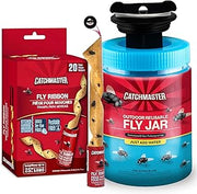 Catchmaster Fly Trap Bundle, Fly Ribbon 20-Pack & Outdoor Fly Jar, for Garage, Backyard, Pool, Patio & Camping