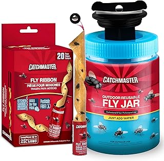 Catchmaster Fly Trap Bundle, Fly Ribbon 20-Pack & Outdoor Fly Jar, for Garage, Backyard, Pool, Patio & Camping