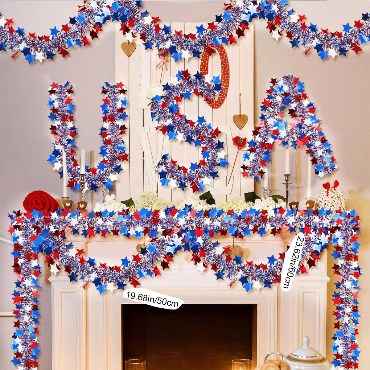 2PCS Red White and Blue Patriotic Garland 6.56ft 4th of July Metallic Twist Tinsel Hanging Garland USA Flag Stars Stripes Shiny Streamers Independence Day Memorial Day Celebration