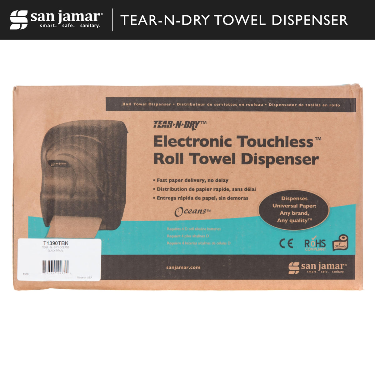 Tear-N-Dry-Electronic Touchles by San Jamar – 1 Pack, Plastic, Black, Model T1390TBK