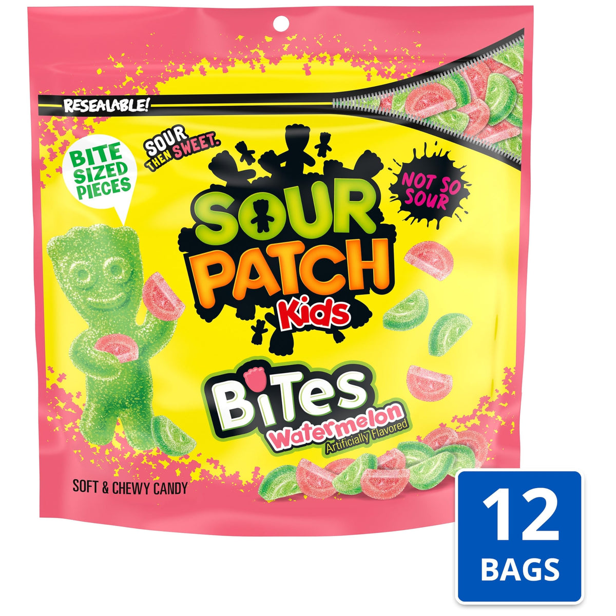 Bites Watermelon Soft & Chewy Candy by Sour Patch Kids – 12 Oz (Pack of 12), Pink/Green, Pack of 12, Model VC-a4-96820