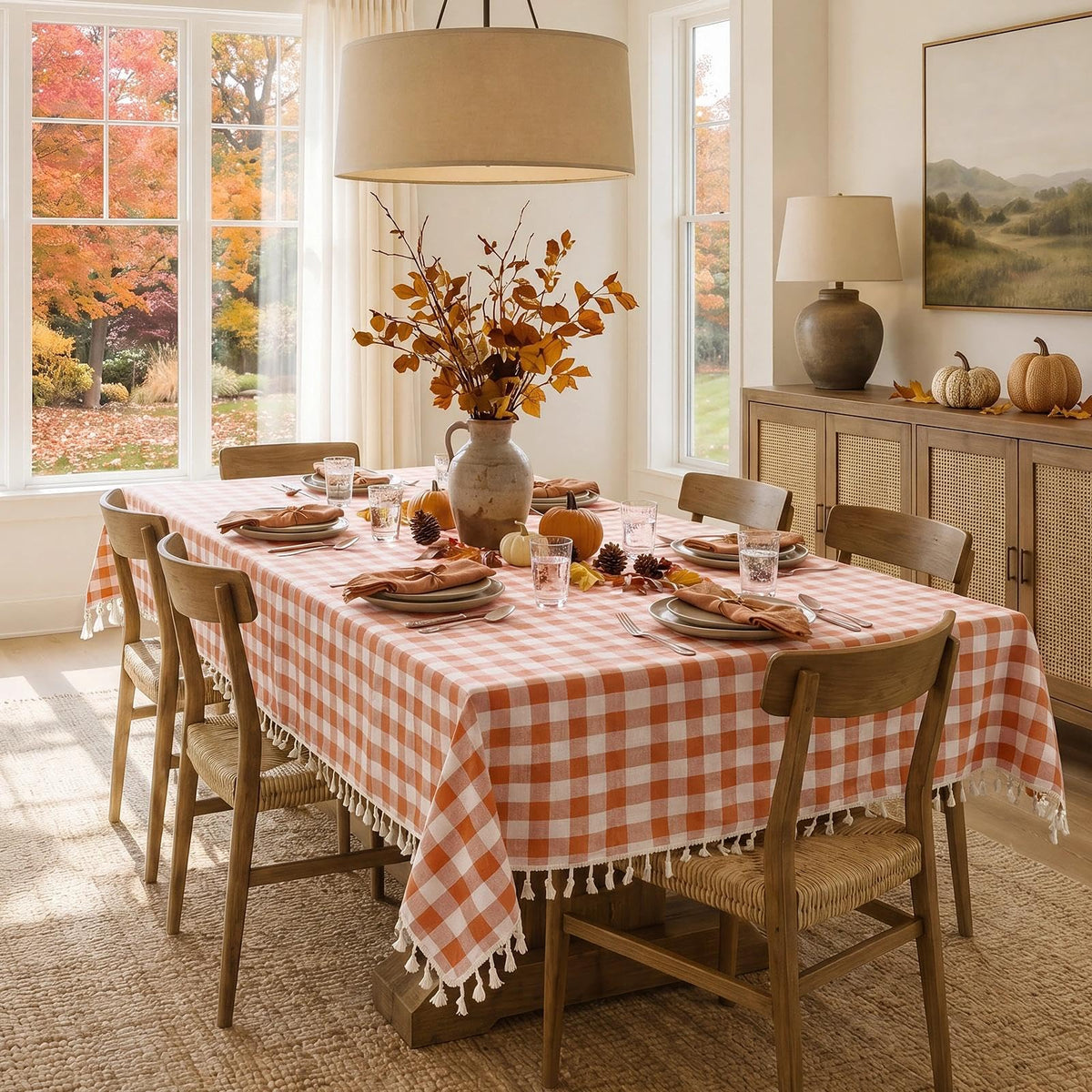 Softalker Gingham Tablecloth with Fringe, Orange Plaid, 55 x 84 Inch