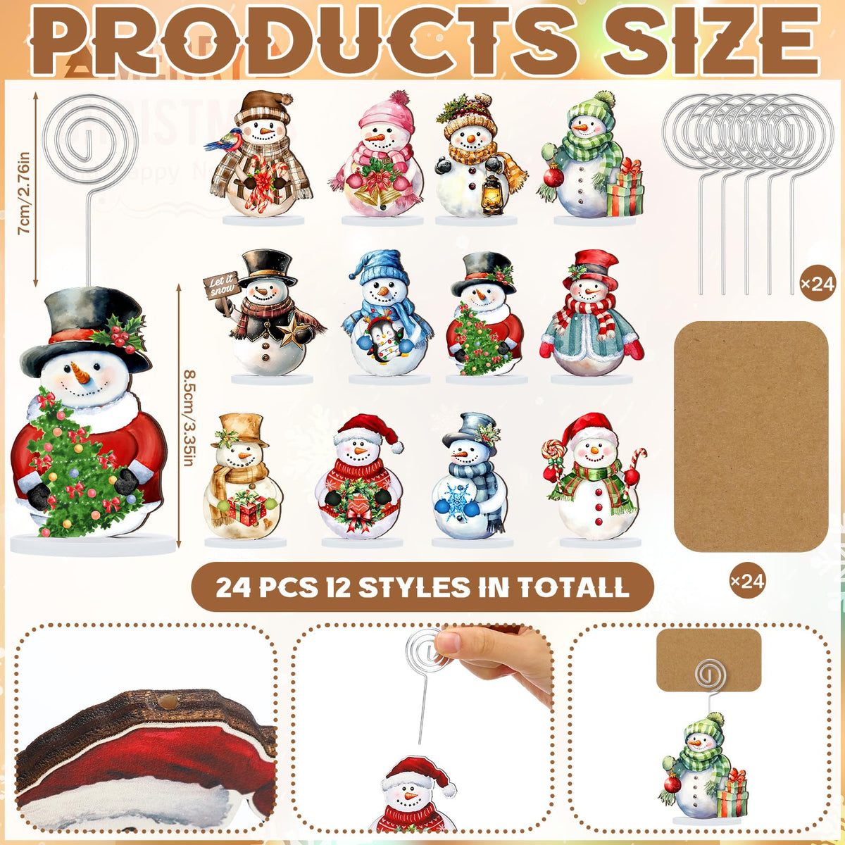 Yookeer Snowman Wood Place Card Holders, 24 Sets with Kraft Cards, Multicolor