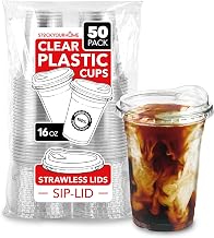 16 oz Clear Plastic Cups with Lids Disposable, Togo Drinking Cup with Strawless Sip Lid for Smoothie, Cold Brew Iced Coffee, Lemonade, Ice Latte, Boba, Party Drinks, Bulk, 16 Ounce (Set of 50)