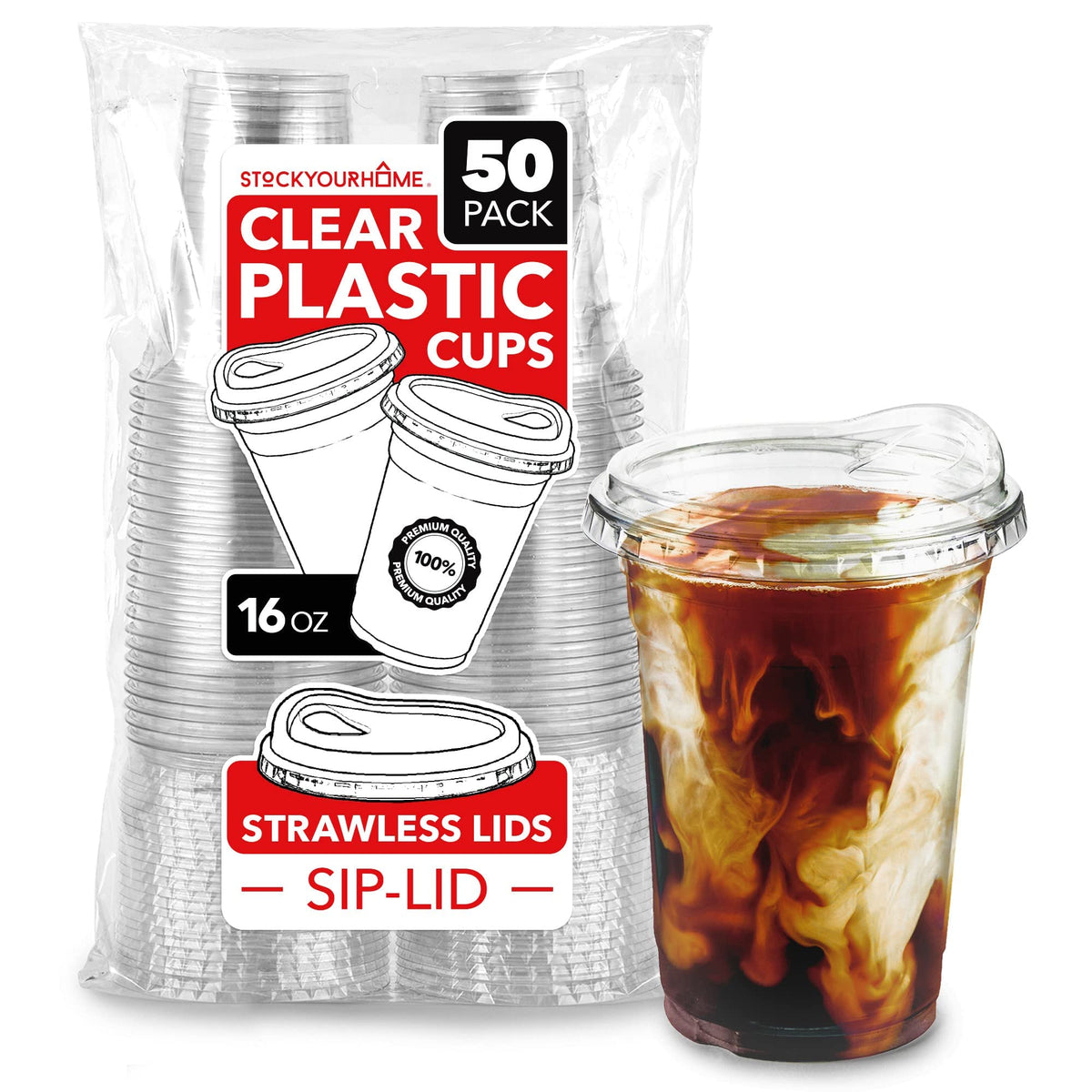16 oz Clear Plastic Cups with Lids Disposable by Stock Your Home – 16 oz, 16.0 fluid_ounces, Plastic, Clear, Pack of 50