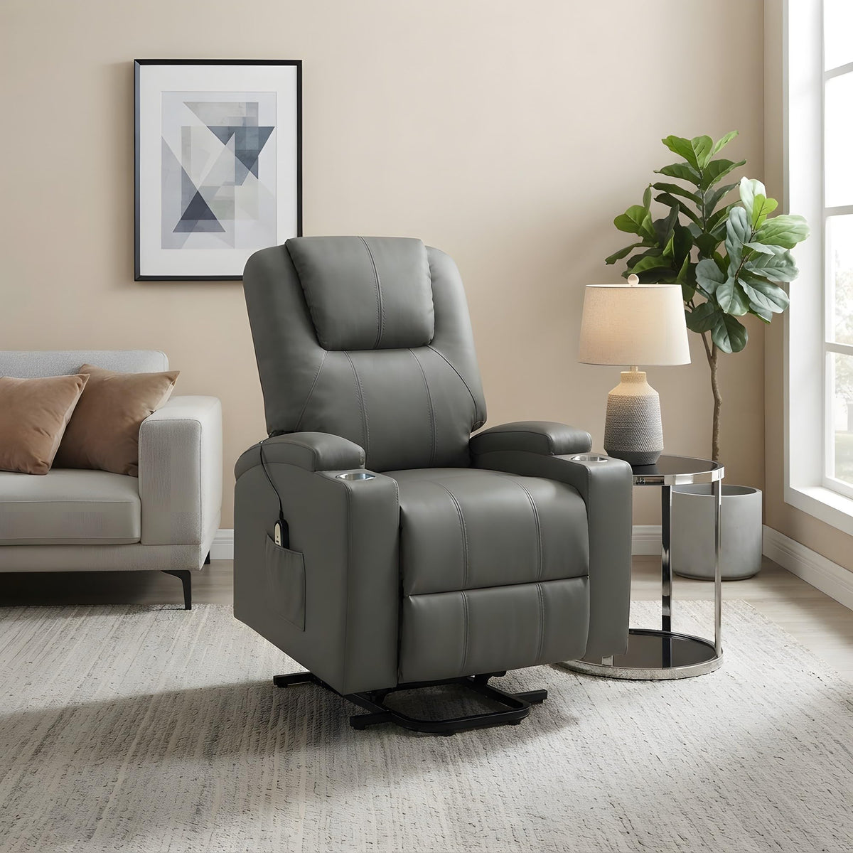 Upholstered Power Lift Massage Recliner with Heat by Furnifact – Foam,Metal,Plastic,Fabric,Leatherette, Grey