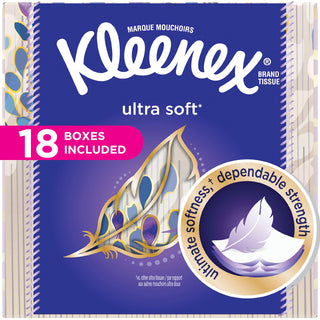 Ultra Soft Facial Tissues by Kleenex – 75 Count (Pack of 18), Paper, White, Pack of 18