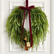 APUDWN Norfolk Pine Wreath, 24 Inch Diameter, Green with Burgundy Bow