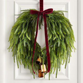 APUDWN Norfolk Pine Wreath, 24 Inch Diameter, Green with Burgundy Bow