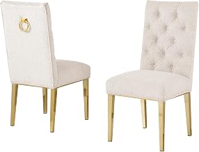Modern Tufted High Back Parsons Dining Chairs Set of 2 with Chrome Legs, Ring Pull, Luxury Boucle, Velvet, or Faux Leather Chairs for Dining Room & Kitchen (Boucle, Cream/Gold)