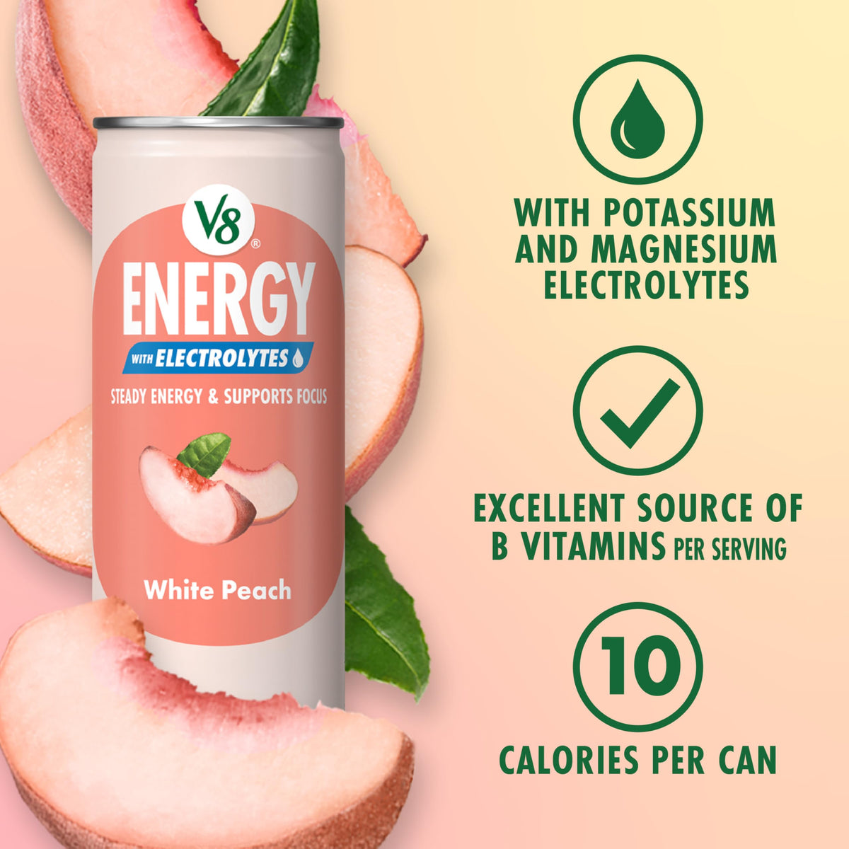 Energy White Peach with Electrolytes Beverage by V8 – Pack of 6 (8 Fl Oz), Model 200000029746