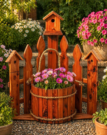 American Furniture Classics Large Solid Red Cedar Corner Planter with Birdhouse and Picket Fence