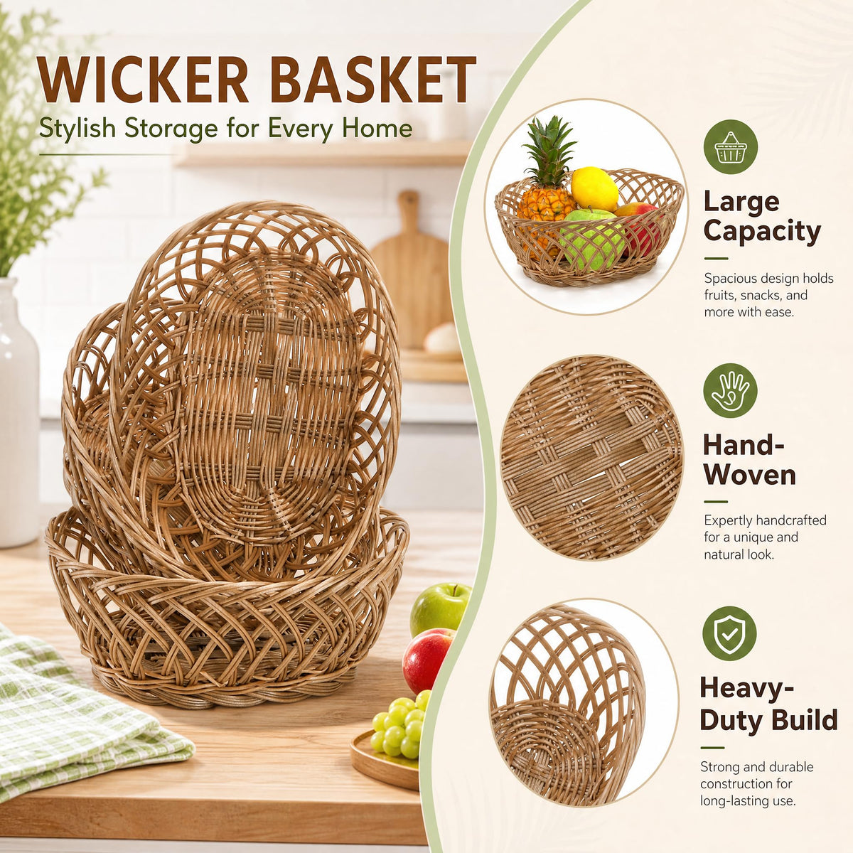 YIMITEE Plastic Oval Basket, 10 Inch by 7.5 Inch by 4 Inch, Natural, Set of 10