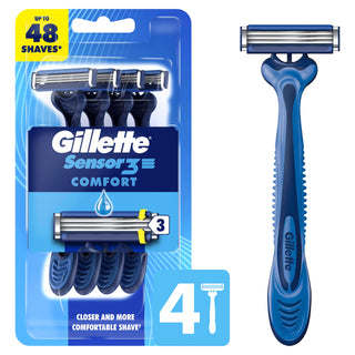 Sensor3 Smooth Shave Disposable Razor by Gillette – 4 Count (Pack of 1), Rubber, Blue, Model 4740007811