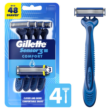 Sensor3 Smooth Shave Disposable Razor by Gillette – 4 Count (Pack of 1), Rubber, Blue, Model 4740007811