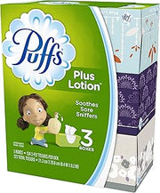 Puffs Plus Lotion Facial Tissues, 3 Family Boxes, 124 tissues per box, 372 Count