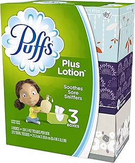 Puffs Plus Lotion Facial Tissues, 3 Family Boxes, 124 tissues per box, 372 Count