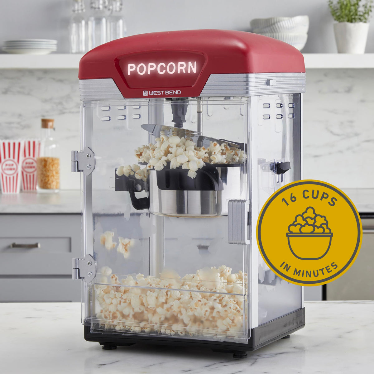 Theater Crazy Popcorn Machine by West Bend – 4-Qt., 4.0 liters, Polycarbonate (PC), Red, Model PCWBTCRD13