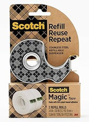 Stainless Steel Refillable Dispenser and 2 Rolls of Scotch Magic Tape with 66% Plant Based Adhesive, 0.75 in. x 550 in, Invisible Tape, Office Supplies and School Supplies