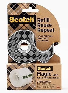 Stainless Steel Refillable Dispenser and 2 Rolls of Scotch Magic Tape with 66% Plant Based Adhesive, 0.75 in. x 550 in, Invisible Tape, Office Supplies and School Supplies