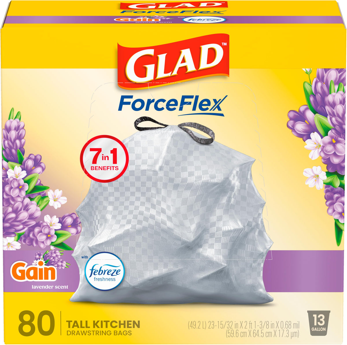 ForceFlex Tall Kitchen Drawstring Trash Bags by Glad – 80 Count (Pack of 1), 13.0 gallons, Plastic, Gray, Model TU_2446912