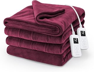 Sunbeam Electric Royal Luxe Microplush Heated Blanket, 12 Heat Settings, 12-Hour Auto Shut-Off, Fast Heating, Warm & Cozy, Machine Washable, Cabernet Color, King (90" x 100")