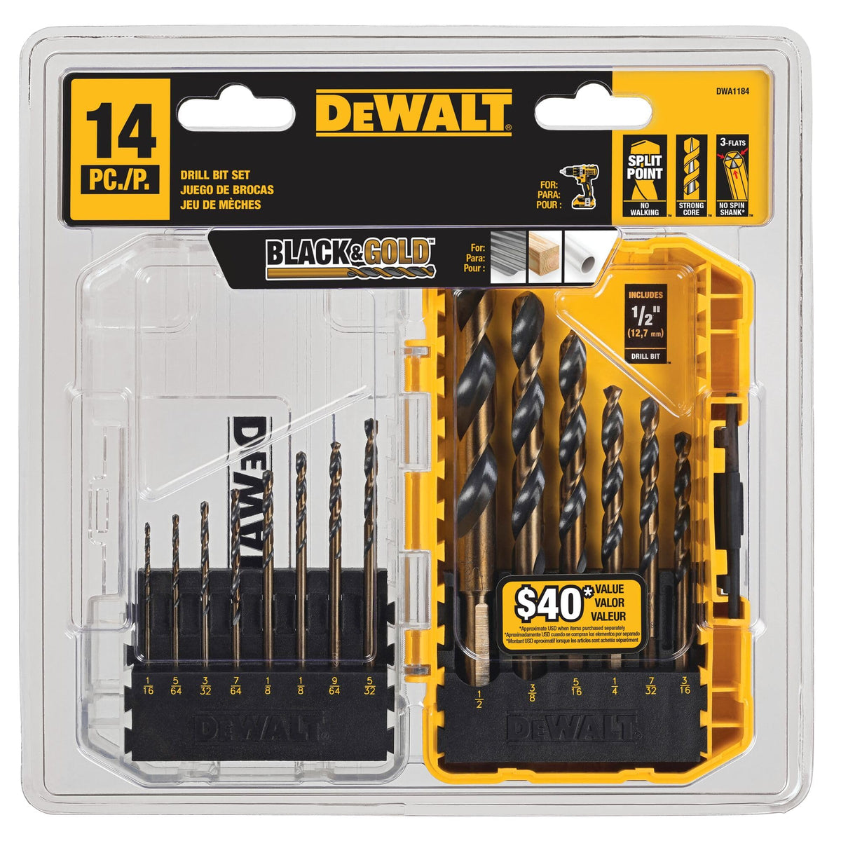 DEWALT Multi / 14 piece set (Pack of 5) / Classic Wood Drill Bit Sets