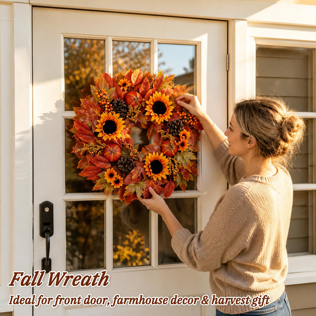 Grooy Artificial Fall Wreath, 22 Inch Diameter, Sunflower