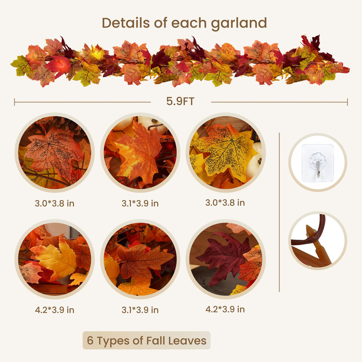 CQURE Fall Leaf Garland, 64.9 Feet Artificial Maple Vines, 11 Pack