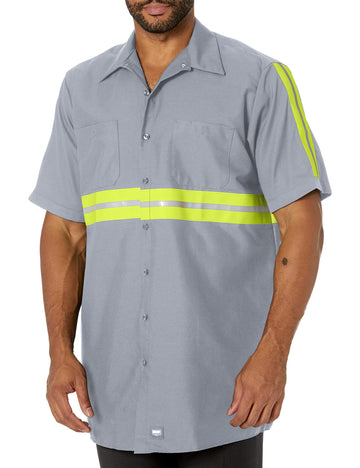 Men's Enhanced Visibility IndustrialWork Shirt by Red Kap – 4X-Large, Polycotton, Grey With Yellow/Green Visibility Trim, Model SP24EG SS 4XL