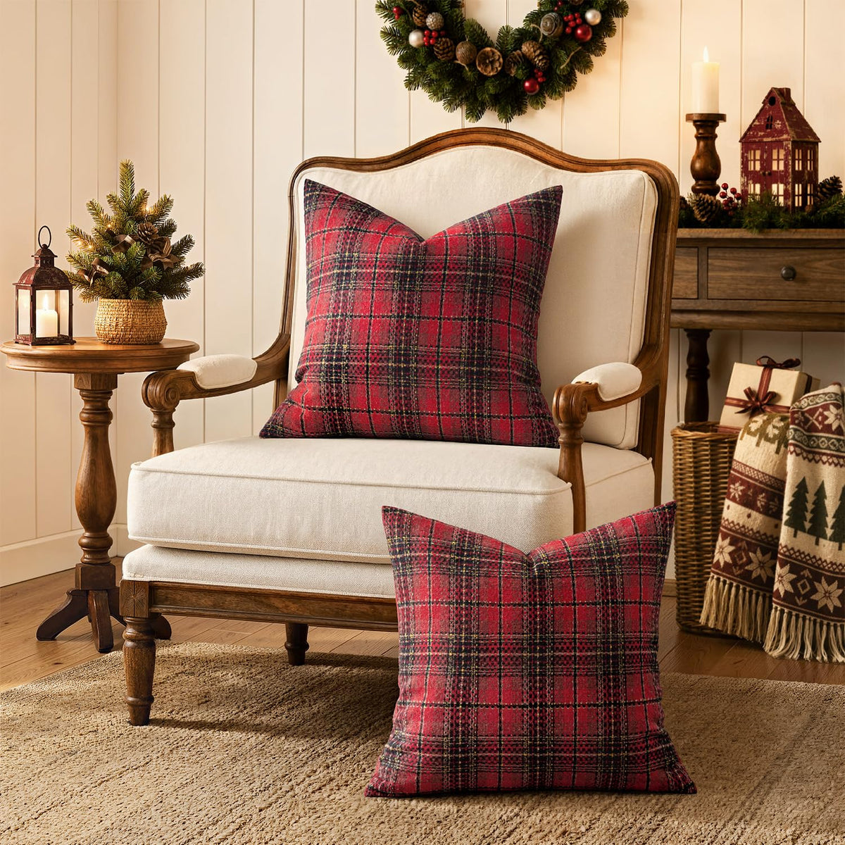 Miulee Plaid Cushion Covers, 18 x 18 Inches, Red