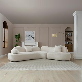 Curved Modular Sofa, 5-Seater Sofa, White Sofa with Butterfly Backrest, Crescent Shape Couch for Living Room Studio Bedroom, 2 Pillows