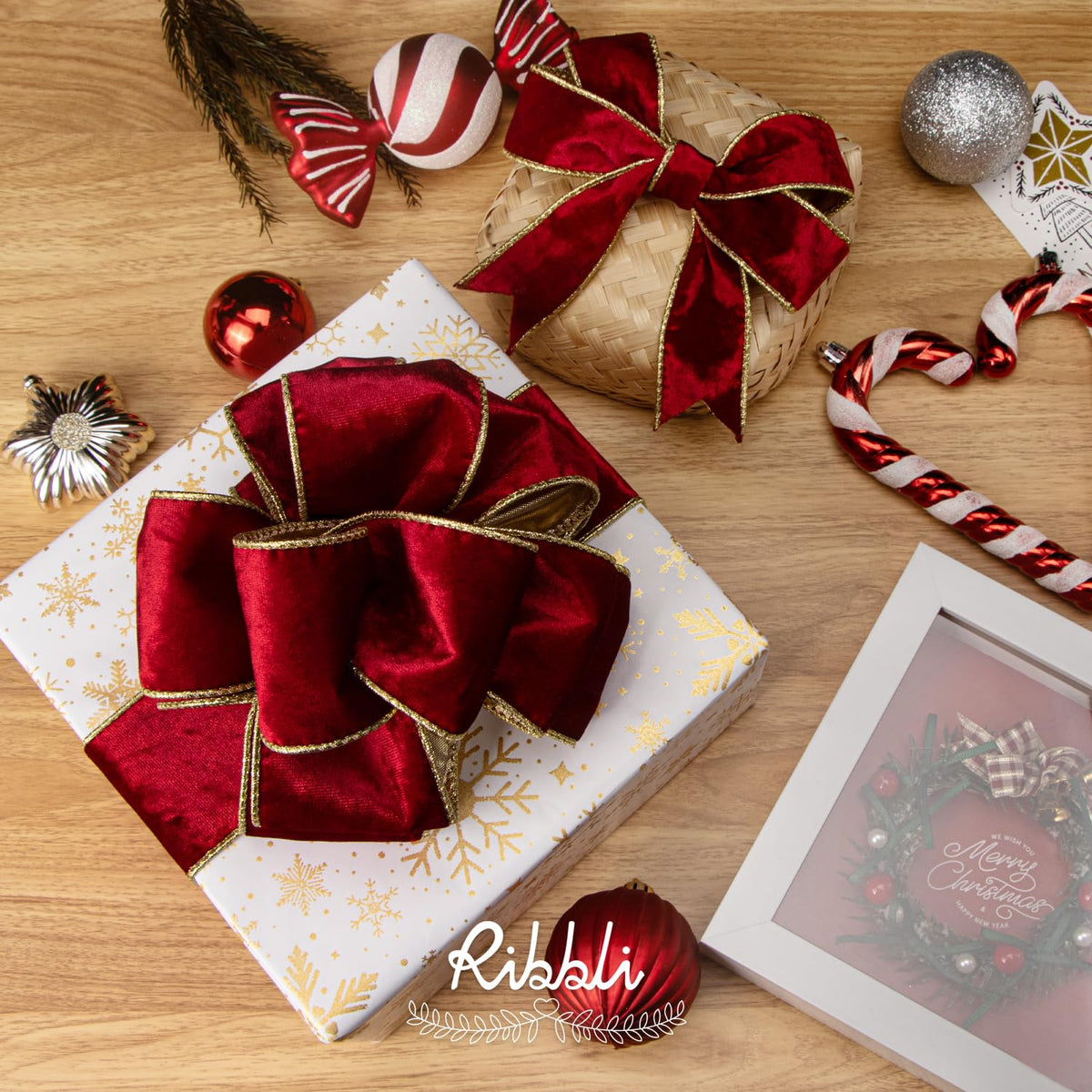 Ribbli Crushed Velvet Ribbon, 2.5 Inch Wide, 10 Yards, Red with Gold Metallic Back
