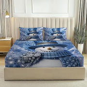 Fitted Sheet Set Fantasy Snowman Pearls Winter Blue Silver King - Extra Deep Pocket Fitted Sheets 4 Pieces Soft Size Sheets Breathable & Cooling Easy Care Polyester Microfiber Bedding