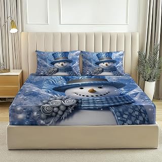 Fitted Sheet Set Fantasy Snowman Pearls Winter Blue Silver King - Extra Deep Pocket Fitted Sheets 4 Pieces Soft Size Sheets Breathable & Cooling Easy Care Polyester Microfiber Bedding