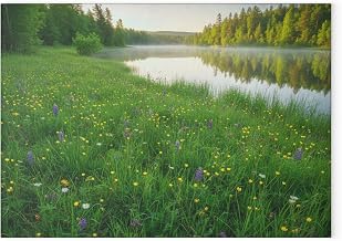 Premium Glass Cutting Board - Lakeside Meadow Glowing Green with Scattered Wildflowers
