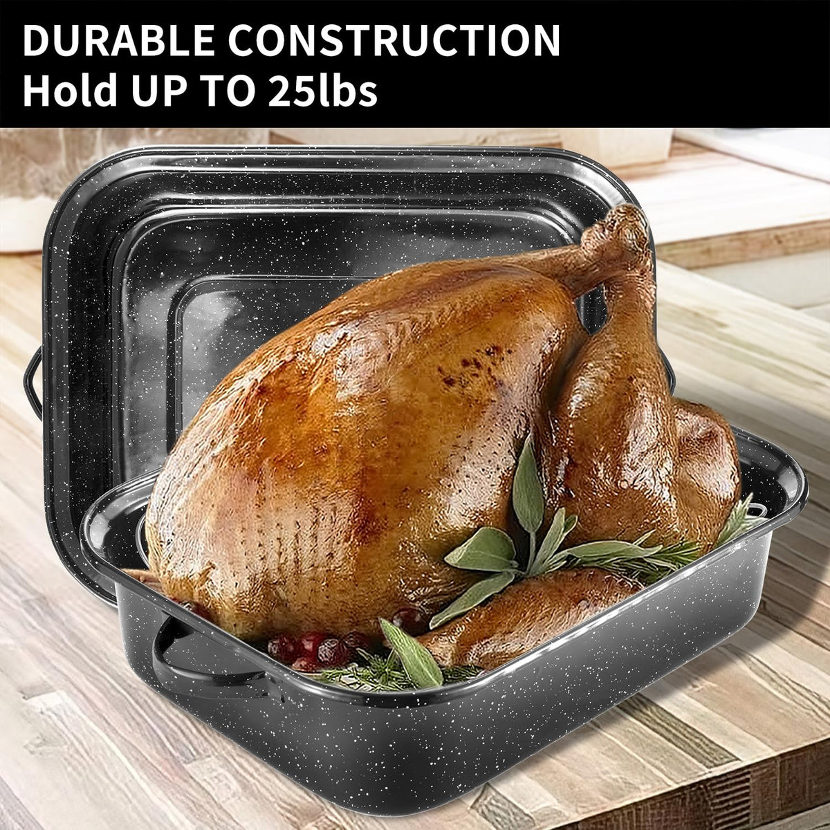 JY Cookment Roasting Pan With Rack and Lid, 21 Inch Rectangular, Black