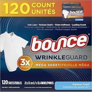 Bounce WrinkleGuard Mega Dryer Sheets Laundry Fabric Softener and Wrinkle Releaser Sheets, Outdoor Fresh Scent, 120 count