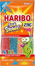 HARIBO Sour Streamers Sour Gummy Candy, 7.2 oz. Bag (Pack of 14) | Long, chewy sour gummy strips in sour cherry, green apple, blue raspberry, and orange with a sour sugar coating.