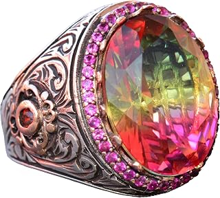 925 Sterling Silver King Ring - Multi-Colored Created Stone - Handmade Men's Jewelry