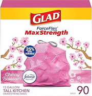 Glad ForceFlex MaxStrength Tall Kitchen Trash Bags, Rip and Tear Resistant, Cherry Blossoms Scented Pink Tall Garbage Bags, Odor Control, Febreze Freshness, 13 Gallon, 90 Count