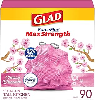 Glad ForceFlex MaxStrength Tall Kitchen Trash Bags, Rip and Tear Resistant, Cherry Blossoms Scented Pink Tall Garbage Bags, Odor Control, Febreze Freshness, 13 Gallon, 90 Count