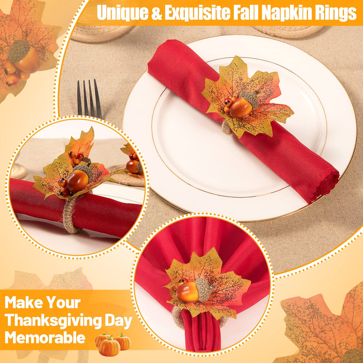 Alphatool Thanksgiving Napkin Rings, Maple Leaf Acorn Design, Set of 12
