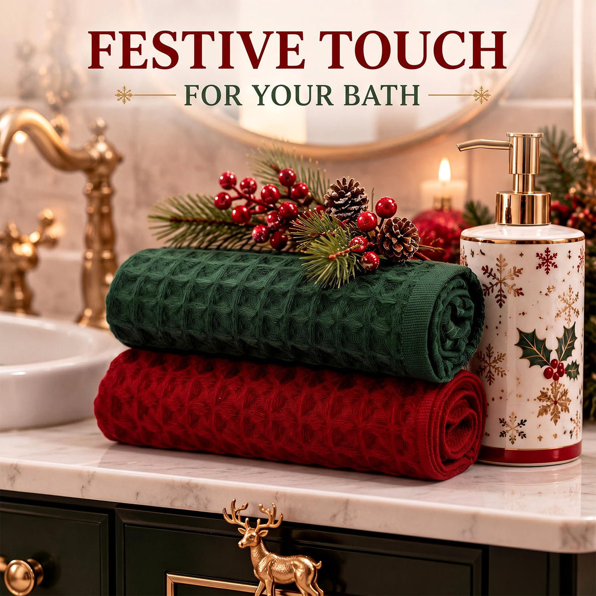 Tingjoo Waffle Weave Kitchen Towels, 4 Pack, Red Green