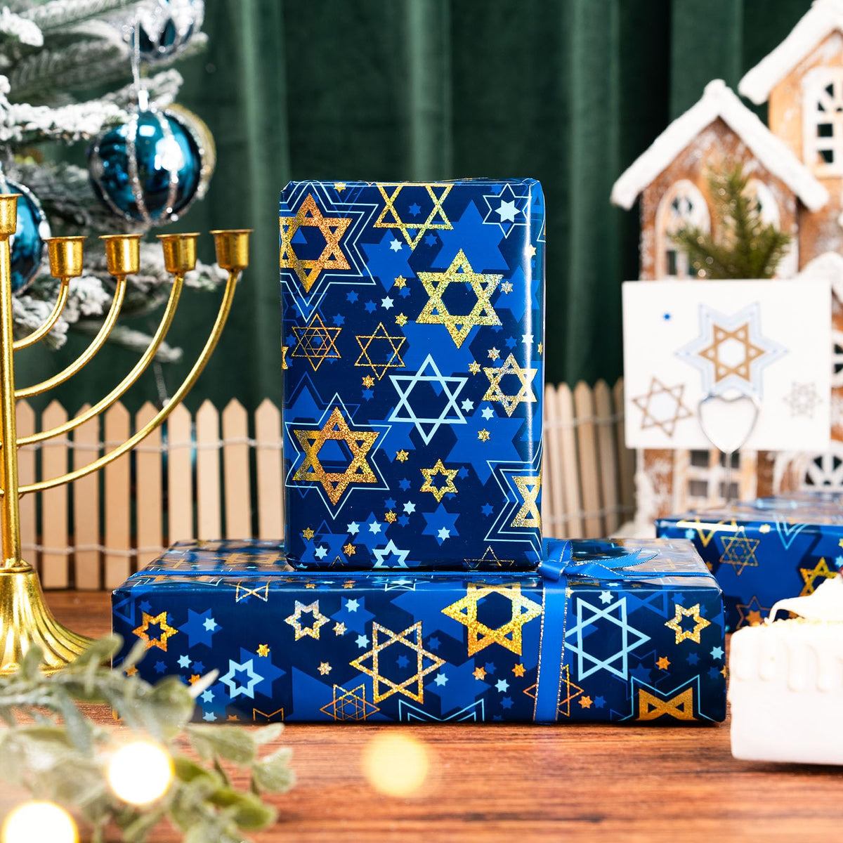 Maypluss Star of David Wrapping Paper, Metallic Foil Navy Blue, 17 Inch x 33 Feet