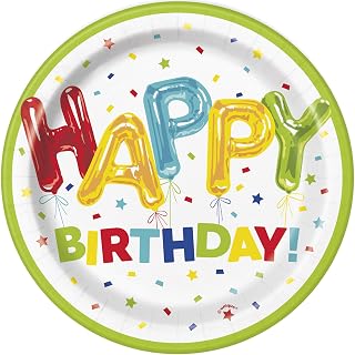 Unique Party Unique Happy Balloon Birthday Round Multicolor Dessert Plates - 7" (Pack of 8) - Colorful Birthday Celebration Tableware - Perfect for Kids & Adults