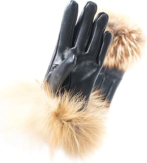 HEIZZI Real Fur Gloves - Lambskin Leather Touchscreen Driving Gloves with Real Fox Fur Cuff Unisex for Winter Dress