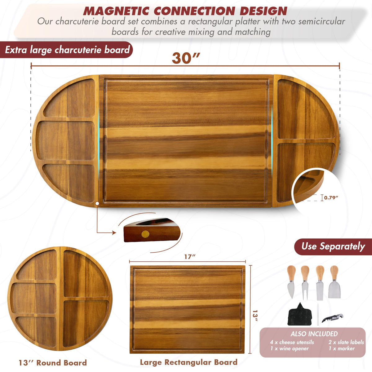 NAGAWOOD Acacia Charcuterie Board Set, 30 x 13 Inch Extra Large, Wood