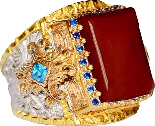 KAMBO Natural Carnelian Gemstone Men's 925 Sterling Silver King Ring, Gold Plated Sultan Design, Handmade Vintage Statement Jewelry, Gift for Him, Rectangular Stone